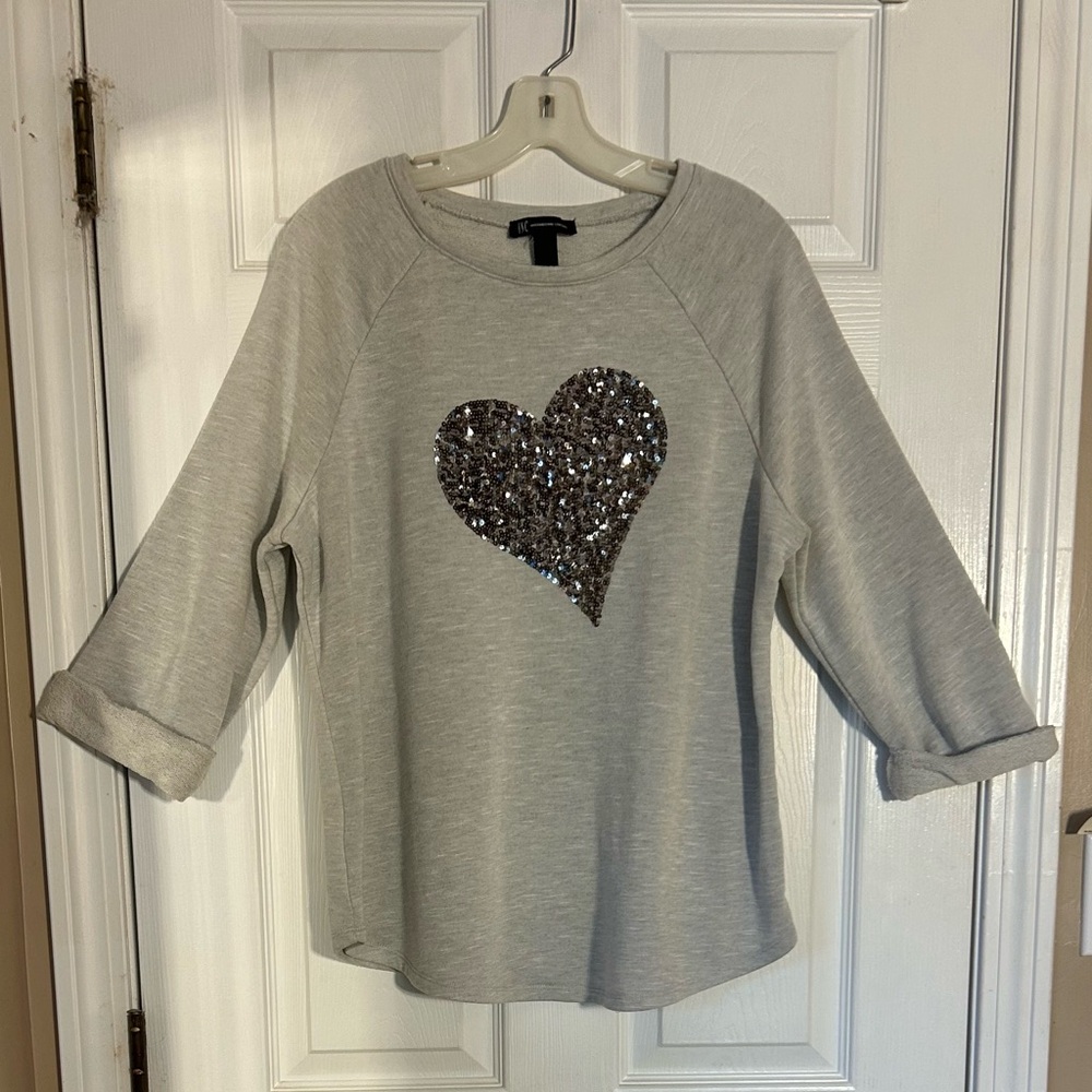 INC International Concepts lightweight light Gray Sweatshirt with Sequin Heart